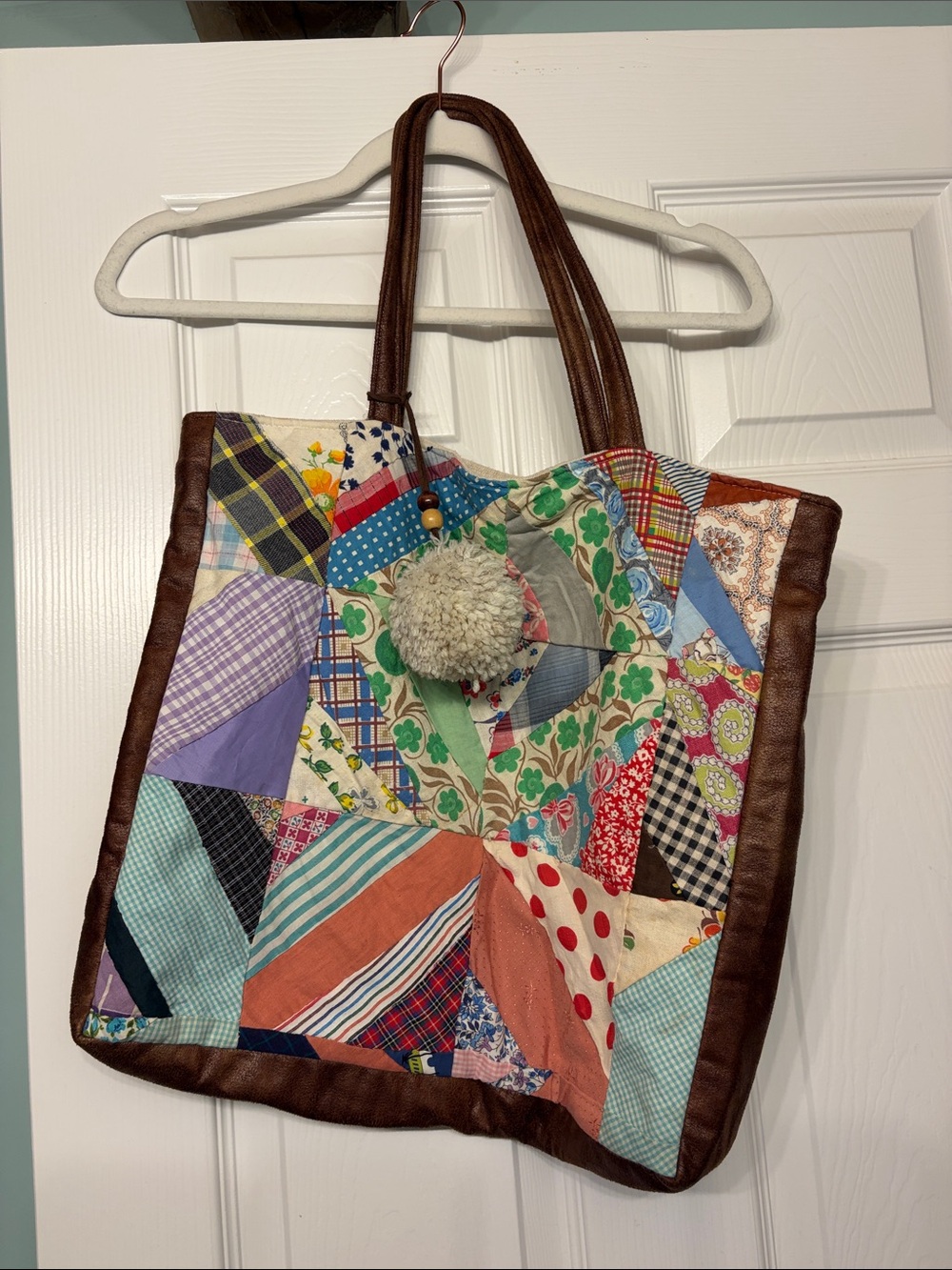 Patchwork Tote Bag with Brown Trim